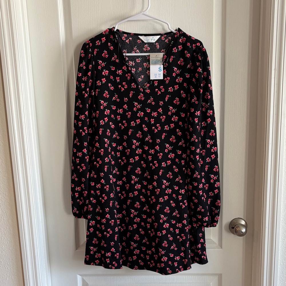 Primark Black V-Neck Floral Dress with Pink and Green Accents